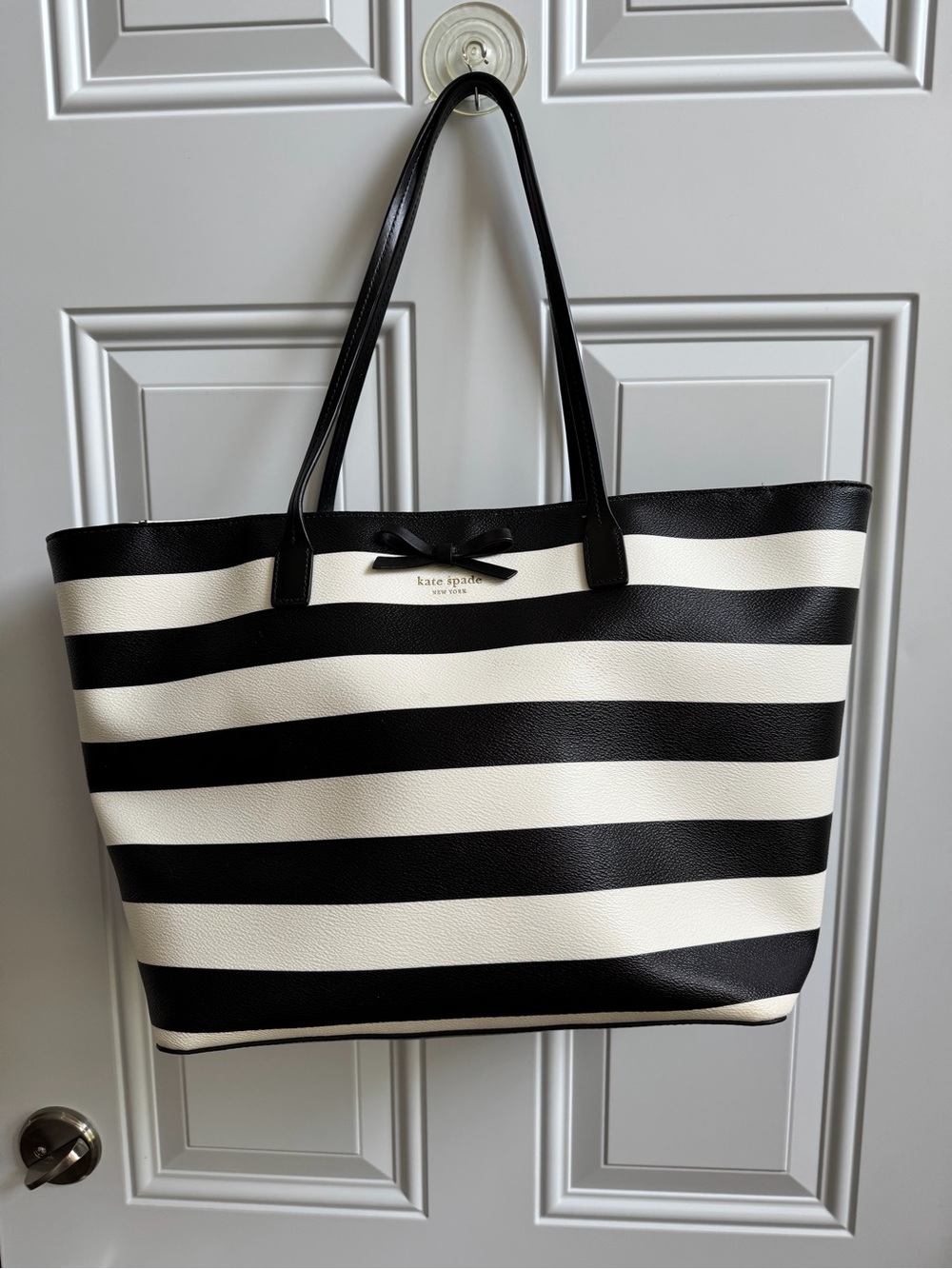 kate spade Black and White Striped Tote with Bow Detail